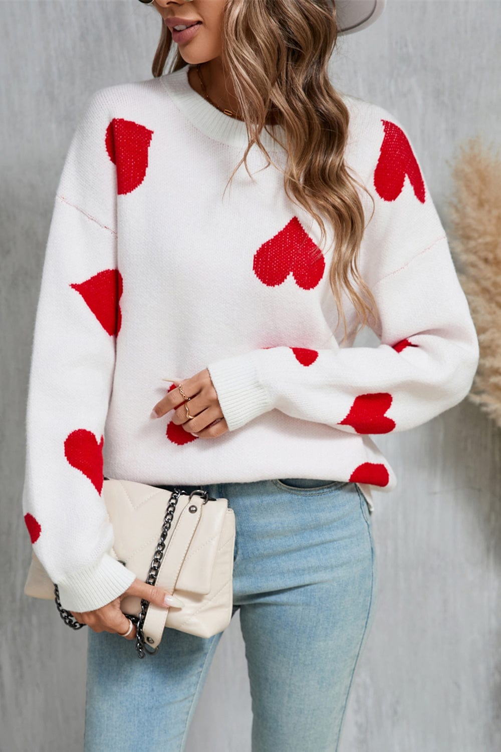 Angel Wings Heart Round Neck Dropped Shoulder Sweater - Trendsi