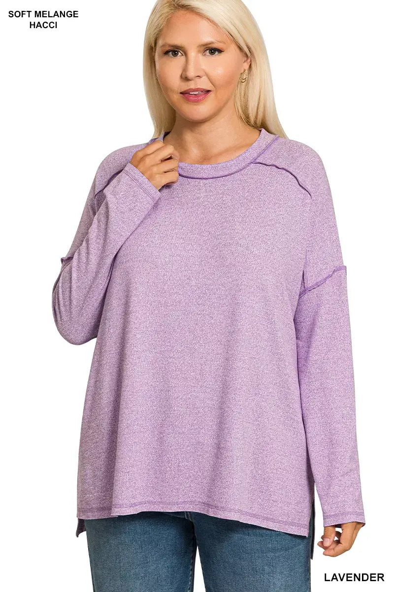 Zenana Full Size Melange Hacci Exposed Seam Hi-low Tee Plus Size - Trendsi - Flyclothing LLC