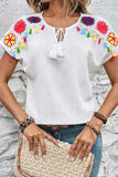 Tassel Tie Neck Short Sleeve Blouse - Trendsi - Flyclothing LLC
