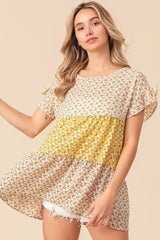 BiBi Flroal Printed Woven Color Block and Tiered Top - Trendsi - Flyclothing LLC