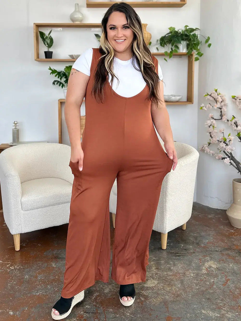 Double Take Full Size Sleeveless Wide Leg Jumpsuit with Pockets - Trendsi - Flyclothing LLC