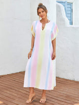 Slit Striped Notched Short Sleeve Cover Up - Trendsi - Flyclothing LLC