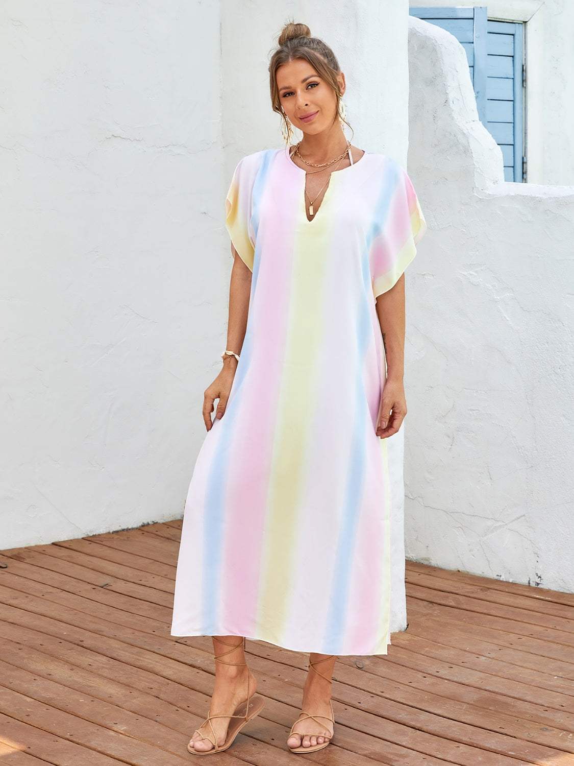 Slit Striped Notched Short Sleeve Cover Up - Trendsi - Flyclothing LLC