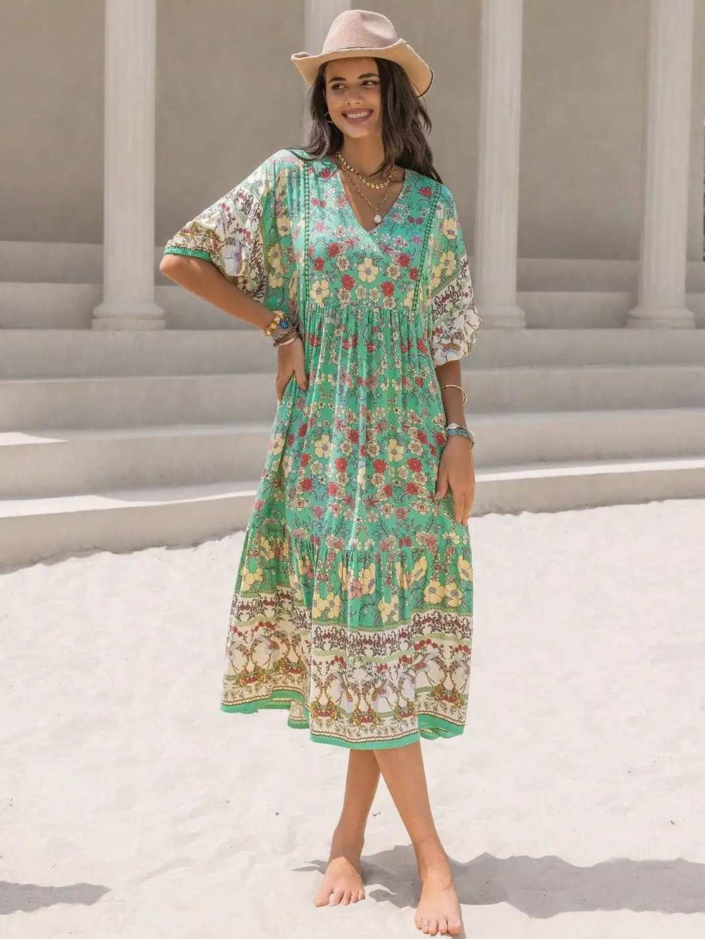 Ruched Printed Puff Sleeve Midi Dress - Trendsi - Flyclothing LLC