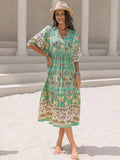 Ruched Printed Puff Sleeve Midi Dress - Trendsi - Flyclothing LLC