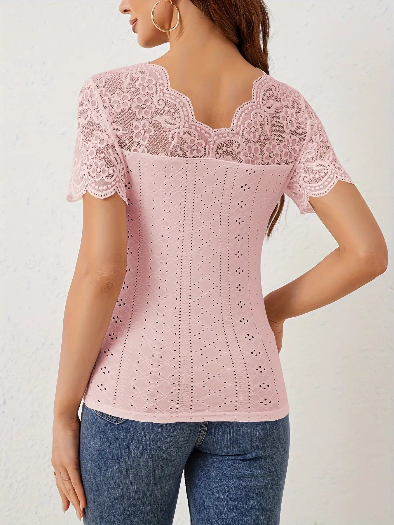 Lace Trim Eyelet Embroidered Summer T-Shirt - Trendsi - Flyclothing LLC