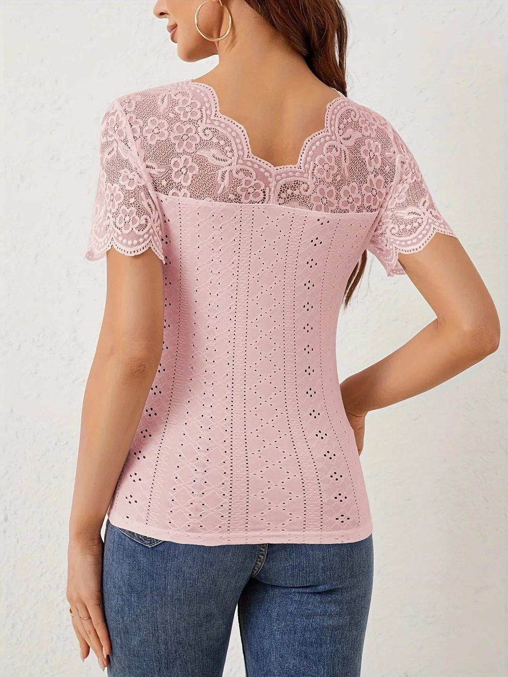 Lace Trim Eyelet Embroidered Summer T-Shirt - Trendsi - Flyclothing LLC