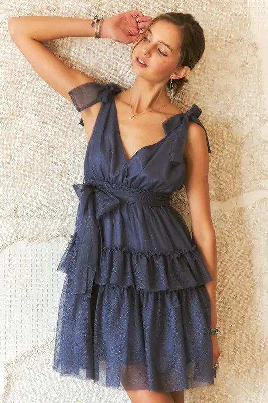 ADORA Tie Shoulder Polka Dot Mesh Dress - Trendsi - Flyclothing LLC