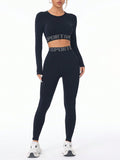Letter Print Round Neck Long Sleeve Top and Leggings Active Set - Trendsi