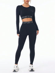 Letter Print Round Neck Long Sleeve Top and Leggings Active Set - Trendsi