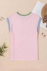 Contrast Trim Round Neck Cap Sleeve Top - Trendsi - Flyclothing LLC