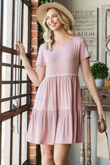Heimish Full Size Solid Mini Tiered Dress with Pompom Lace Plus Size - Trendsi - Flyclothing LLC