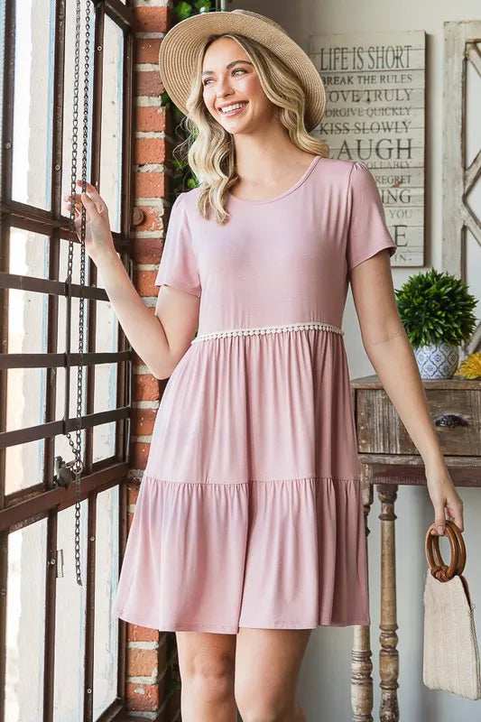 Heimish Full Size Solid Mini Tiered Dress with Pompom Lace Plus Size - Trendsi - Flyclothing LLC