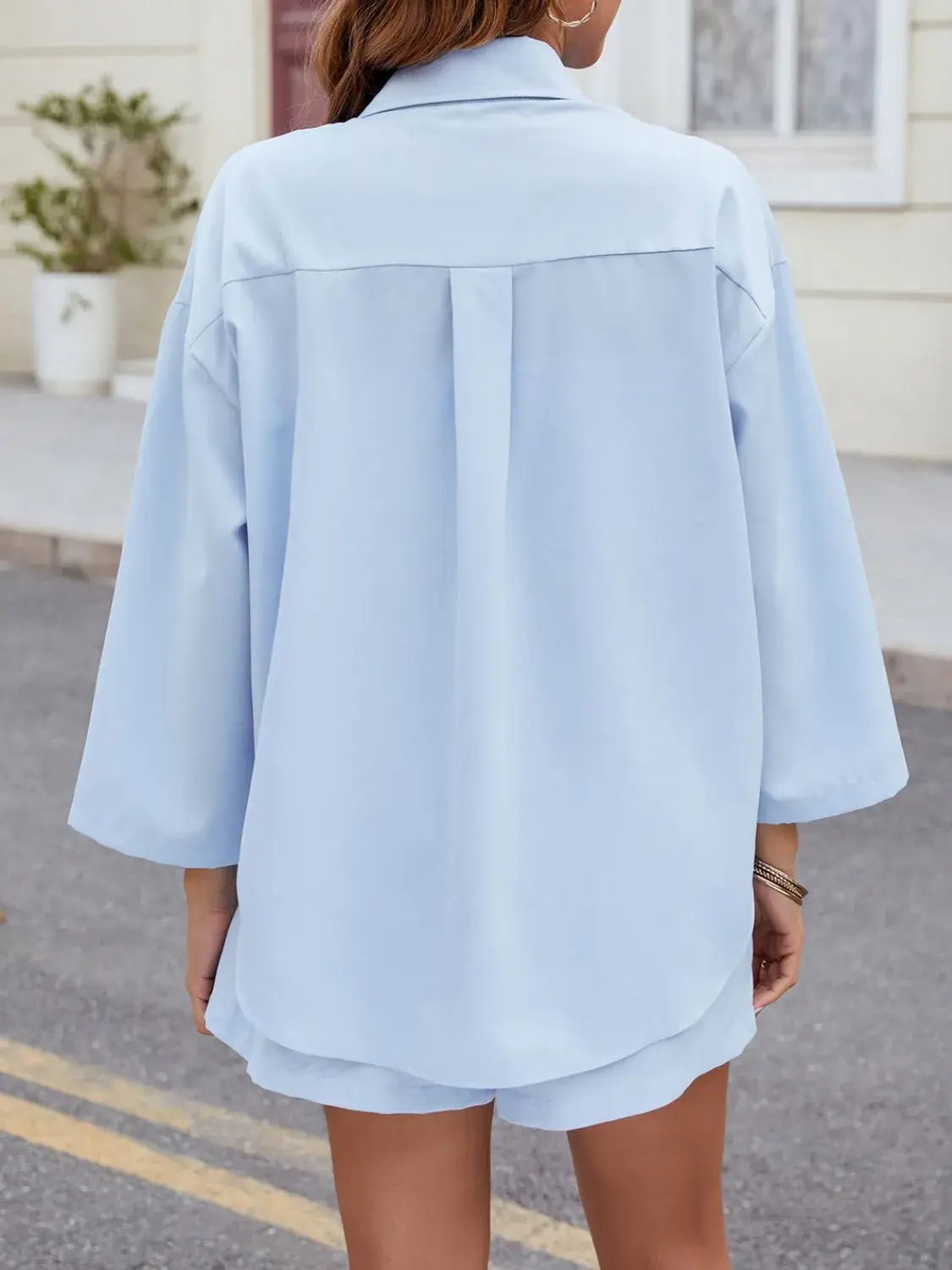 Button Up Long Sleeve Top and Shorts Set - Trendsi - Flyclothing LLC