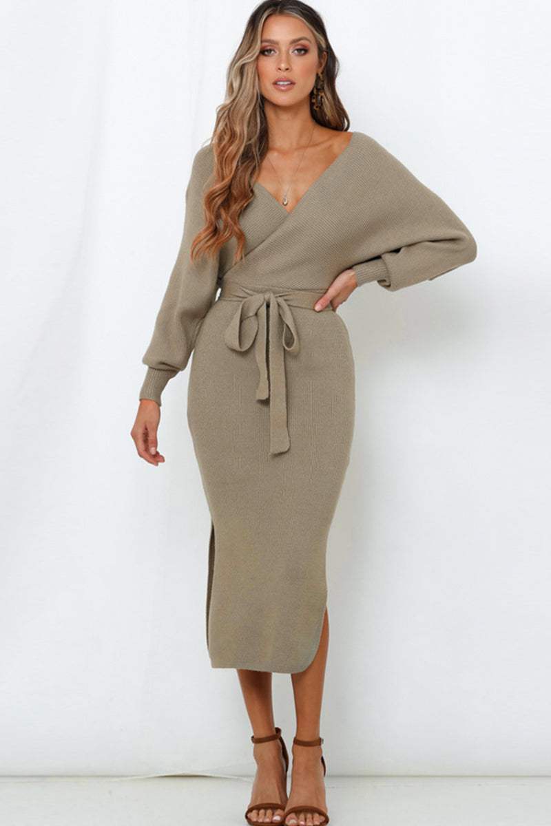 Surplice Neck Bow Waist Slit Sweater Dress - Trendsi - Flyclothing LLC