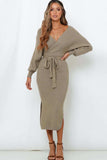 Surplice Neck Bow Waist Slit Sweater Dress - Trendsi - Flyclothing LLC
