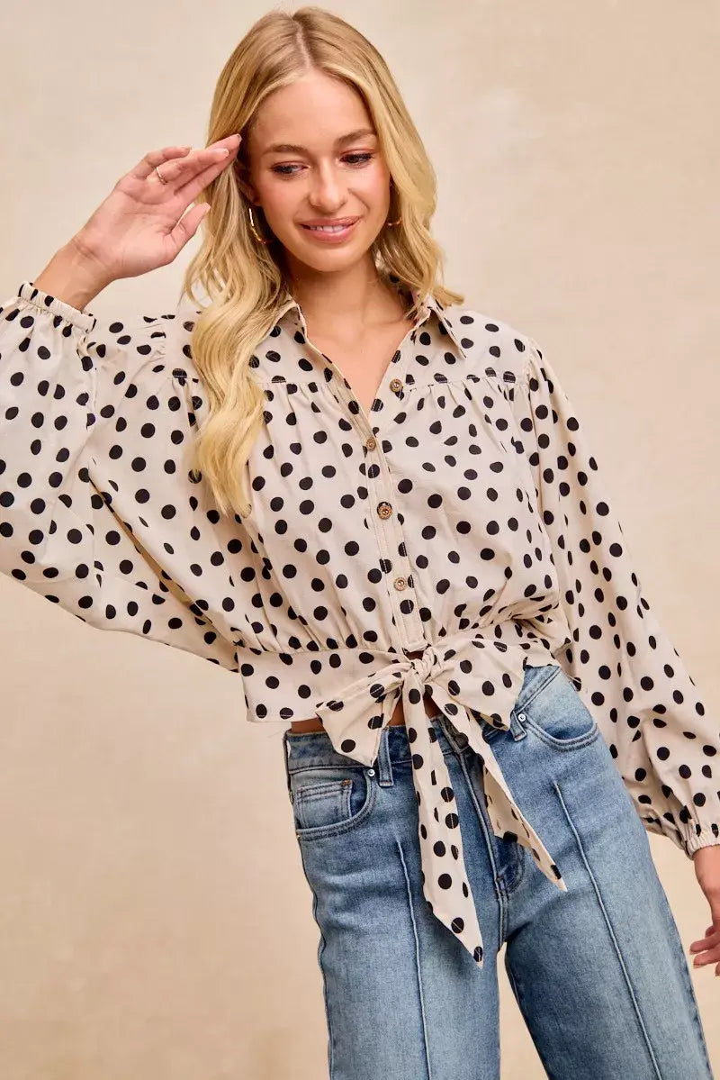 BiBi Polka Dot Print Tie Hem Detail Crop Shirt - Trendsi - Flyclothing LLC