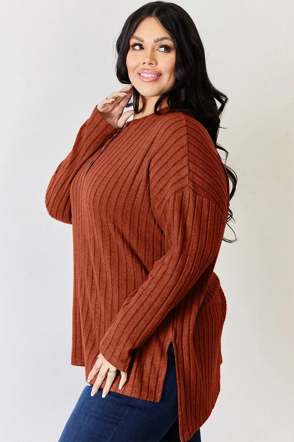 Basic Bae Full Size Ribbed Half Button Long Sleeve High-Low T-Shirt - ShopBasicbae - Flyclothing LLC