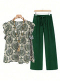 Printed Ruffled Cap Sleeve Top and Pants Set - Trendsi - Flyclothing LLC