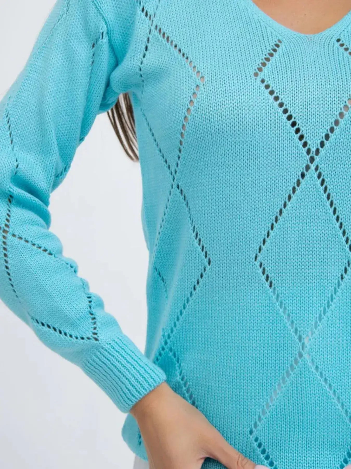 Openwork V-Neck Sweater - Trendsi - Flyclothing LLC