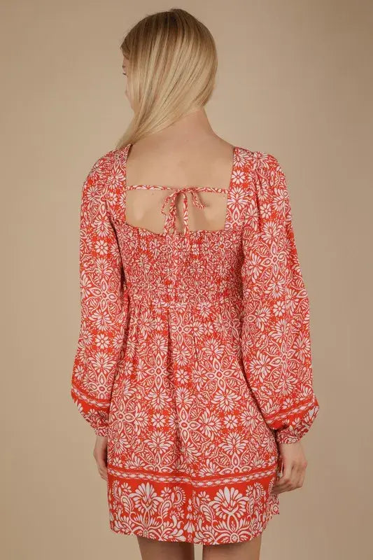 VERY J Printed Smocked Chest Boho Mini Dress - Trendsi - Flyclothing LLC