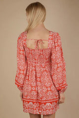 VERY J Printed Smocked Chest Boho Mini Dress - Trendsi - Flyclothing LLC