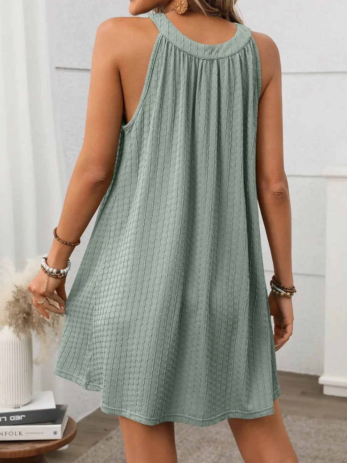 Textured Grecian Neck Mini Dress - Trendsi - Flyclothing LLC