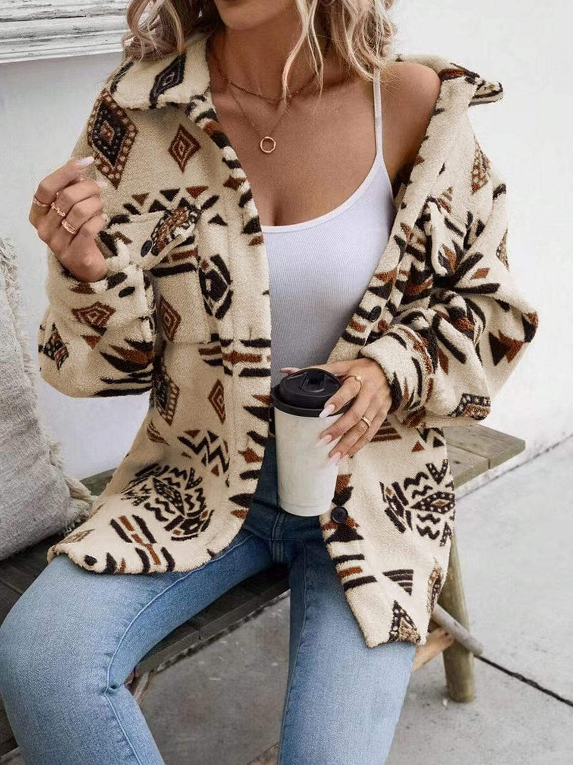 Geometric Button Up Dropped Shoulder Jacket - Trendsi - Flyclothing LLC
