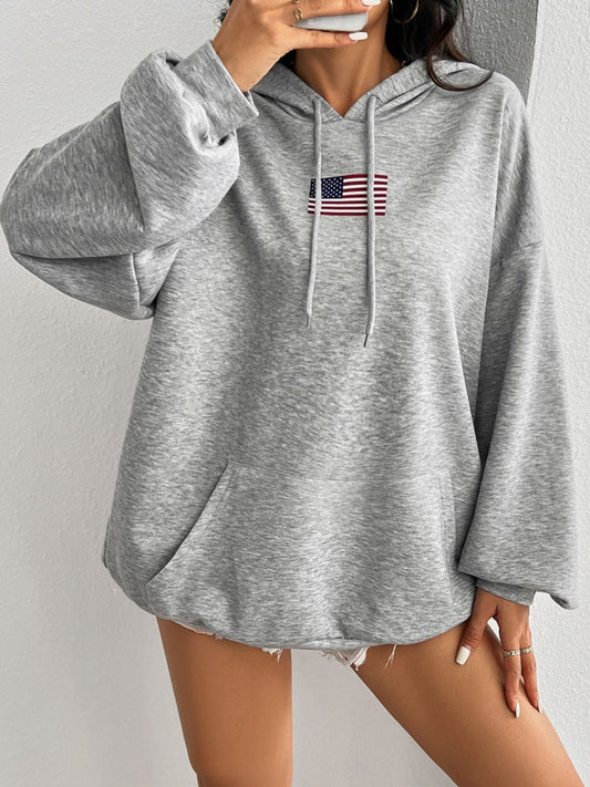 Devine Drawstring US Flag Long Sleeve Hoodie - Trendsi