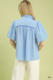 Umgee Puff Sleeve Eyelet Mix Top with Contrast Piping - Trendsi - Flyclothing LLC