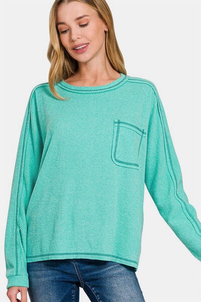 Zenana Full Size Contrast Stitching Brushed Ribbed Hacci Knit Top Plus Size - Trendsi