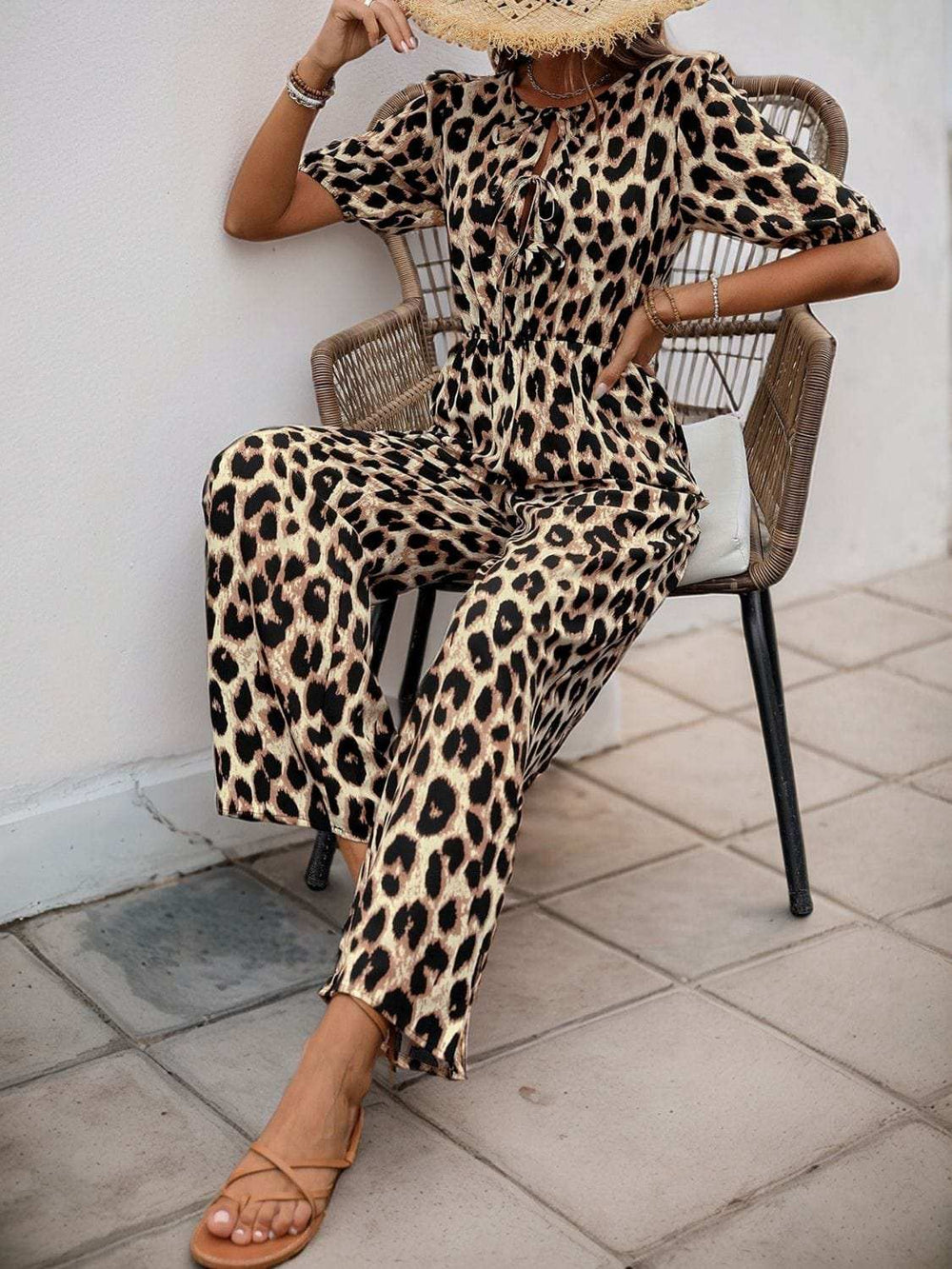Perfee Tied Leopard Half Sleeve Jumpsuit - Trendsi - Flyclothing LLC