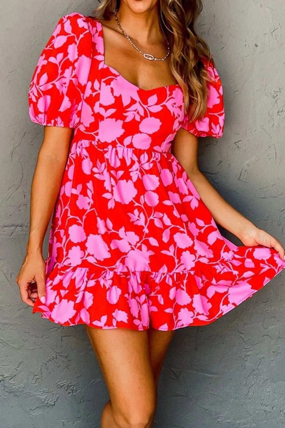 Floral Puff Sleeve Sweetheart Neck Ruffled Mini Dress - Trendsi - Flyclothing LLC