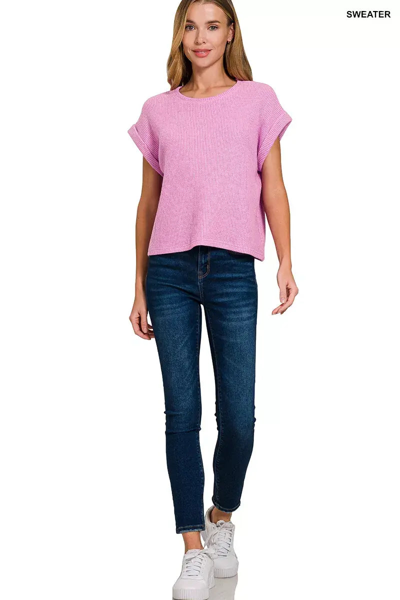Zenana Short Sleeve Crew Neck Sweater - Trendsi - Flyclothing LLC