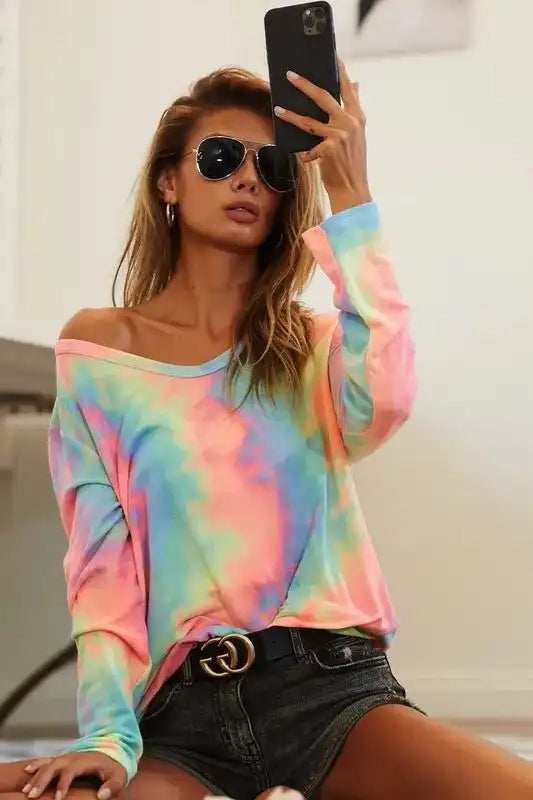 BiBi Tie Dye French Terry Long Sleeve Knit Top - Trendsi - Flyclothing LLC