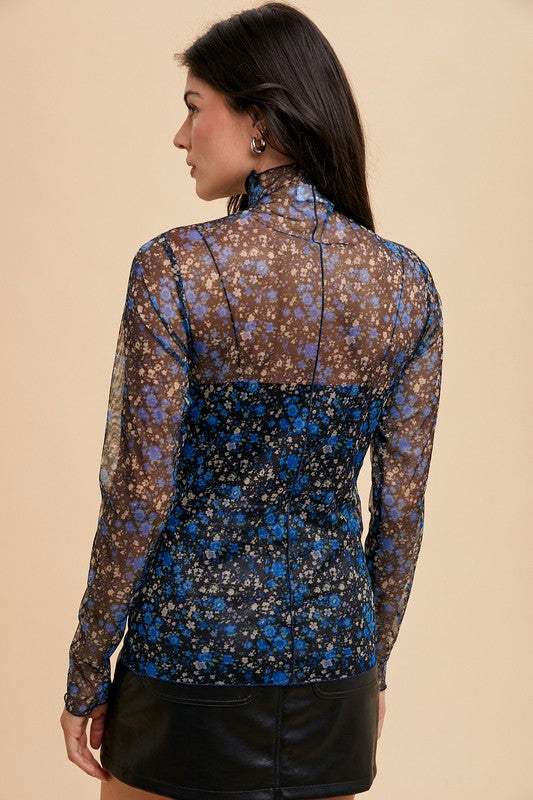 Annie Wear Floral Lettuce Hem Sheer Mesh Top - Trendsi - Flyclothing LLC