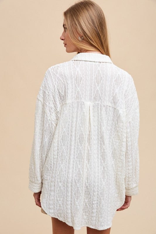 Annie Wear Openwork Button Down Drop Shoulder Shirt - Trendsi
