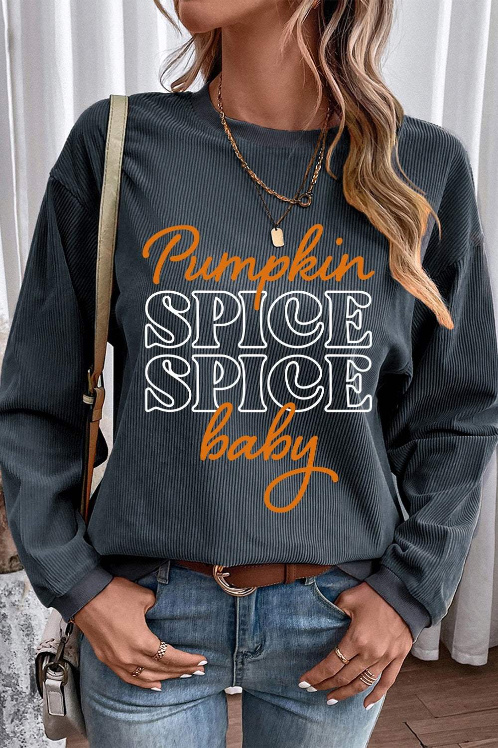 Letter Graphic Round Neck Long Sleeve Sweatshirt - Trendsi - Flyclothing LLC