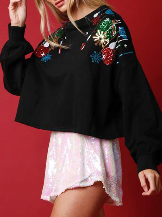 Sequin Round Neck Dropped Shoulder Sweatshirt - Trendsi