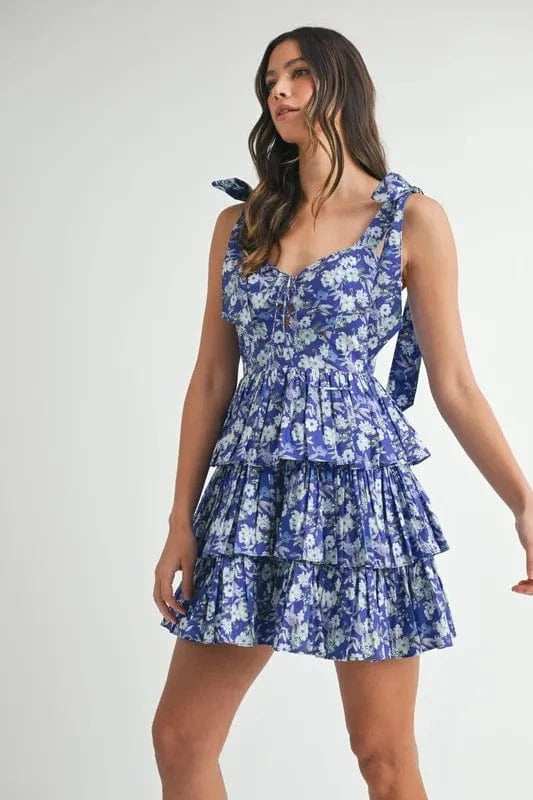 MABLE Floral Print Shoulder Tie Layered Mini Dress - Trendsi - Flyclothing LLC