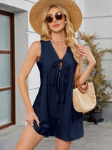 Tie Front Sleeveless Romper with Pockets - Trendsi - Flyclothing LLC