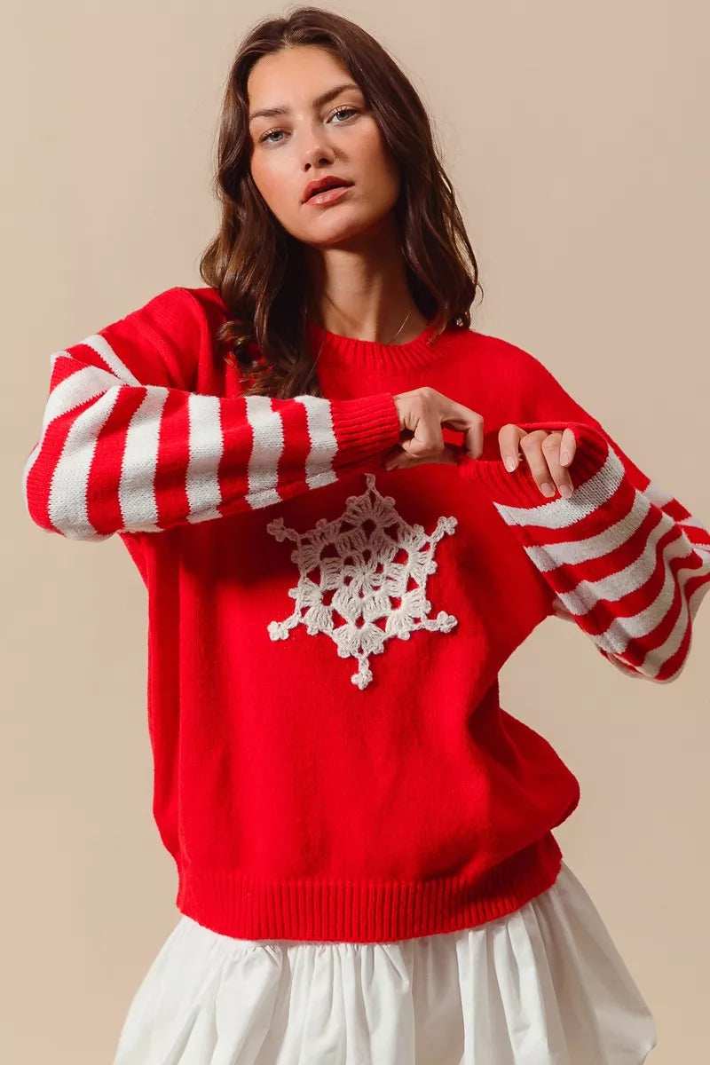 SO ME Christmas Snowflake Crochet Embellished Sweater - Trendsi - Flyclothing LLC