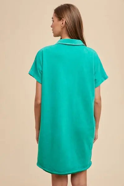 Annie Wear Mineral Washed Johnny Collar Short Sleeve Dress - Trendsi - Flyclothing LLC