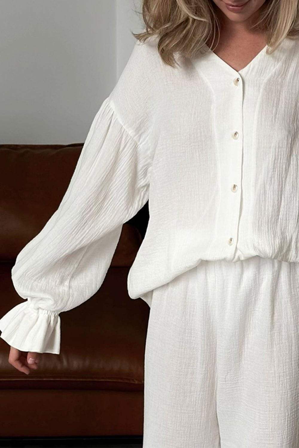 Breathable Ruffled V-Neck Long Sleeve Top and Pants Set - Trendsi - Flyclothing LLC