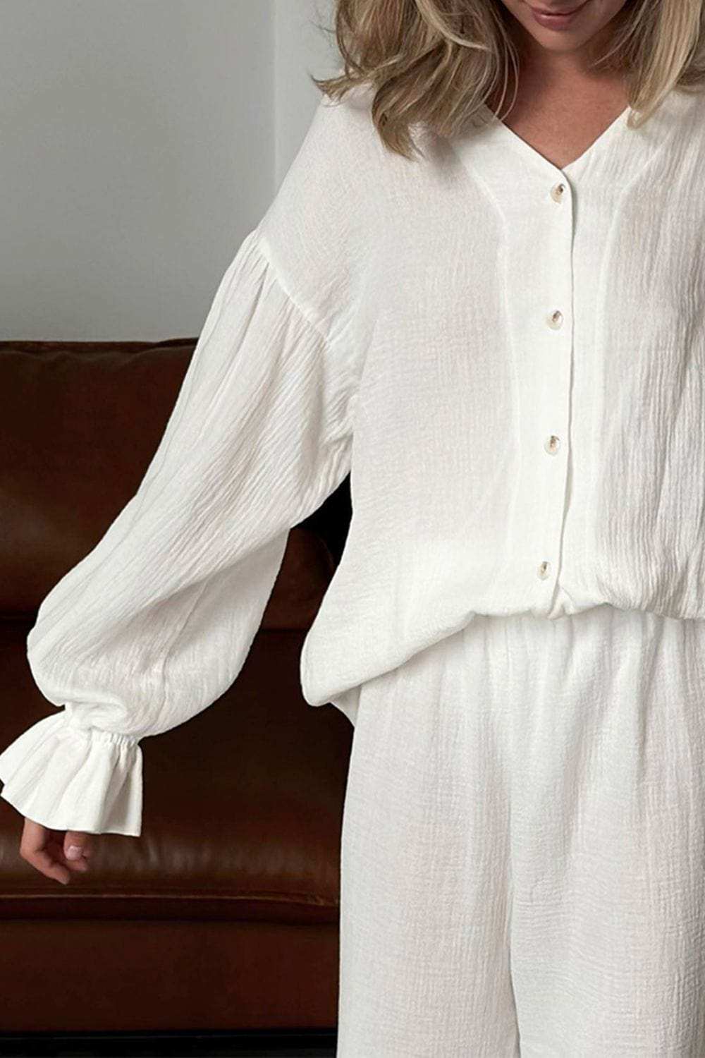 Breathable Ruffled V-Neck Long Sleeve Top and Pants Set - Trendsi - Flyclothing LLC