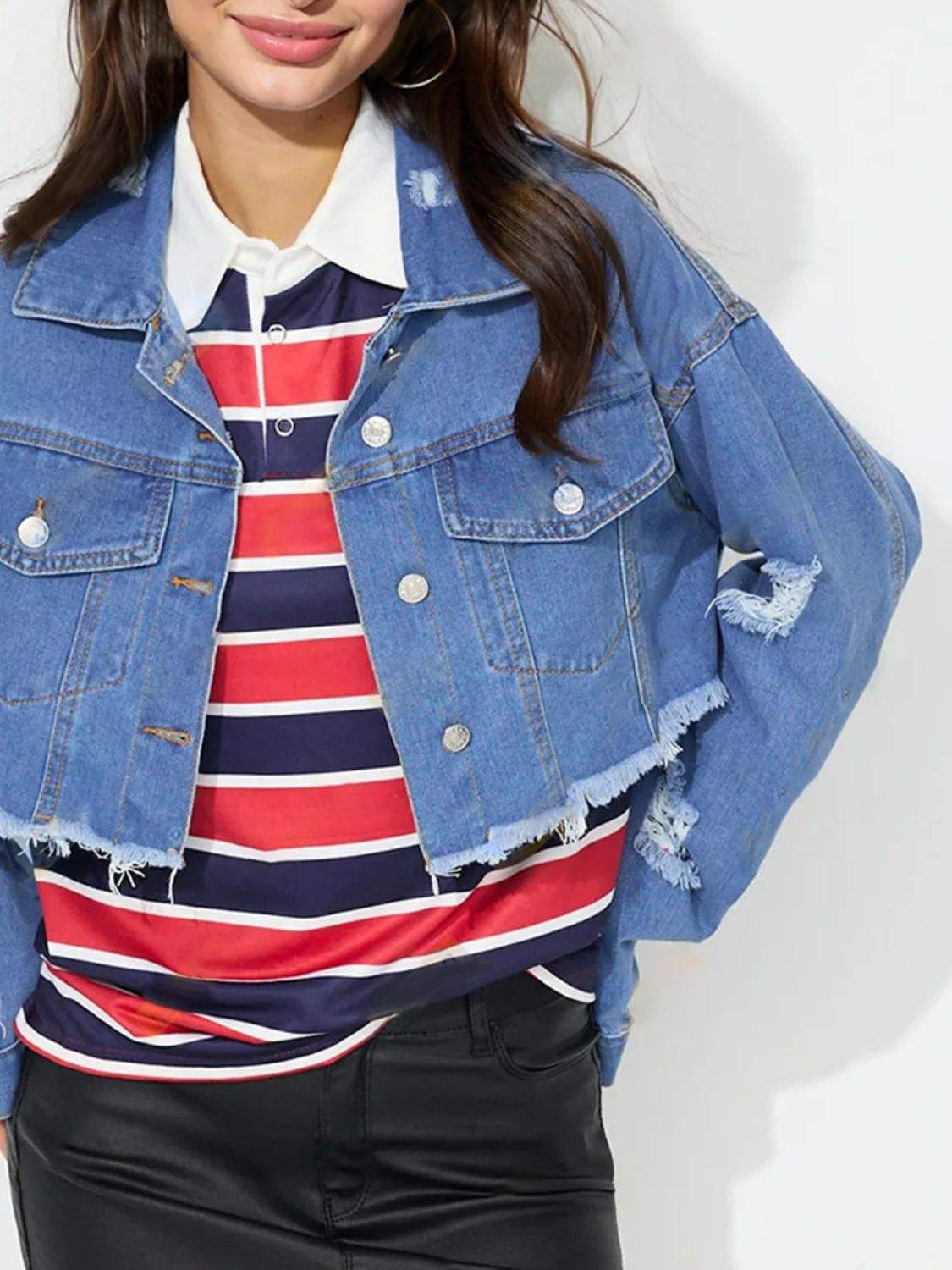 Raw Hem Collared Neck Cropped Denim Top - Trendsi - Flyclothing LLC