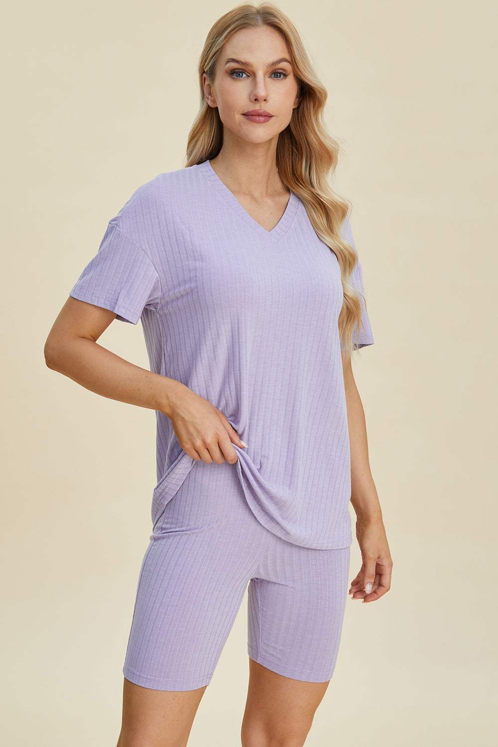 Basic Bae Full Size Ribbed V-Neck Short Sleeve Top and Shorts Set - Trendsi - Flyclothing LLC