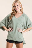 BiBi Flowy Woven V-Neck Top with Rolled Up Cuffs - Trendsi - Flyclothing LLC
