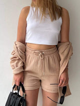 Texture Button Up Shirt and Drawstring Shorts Set - Trendsi - Flyclothing LLC