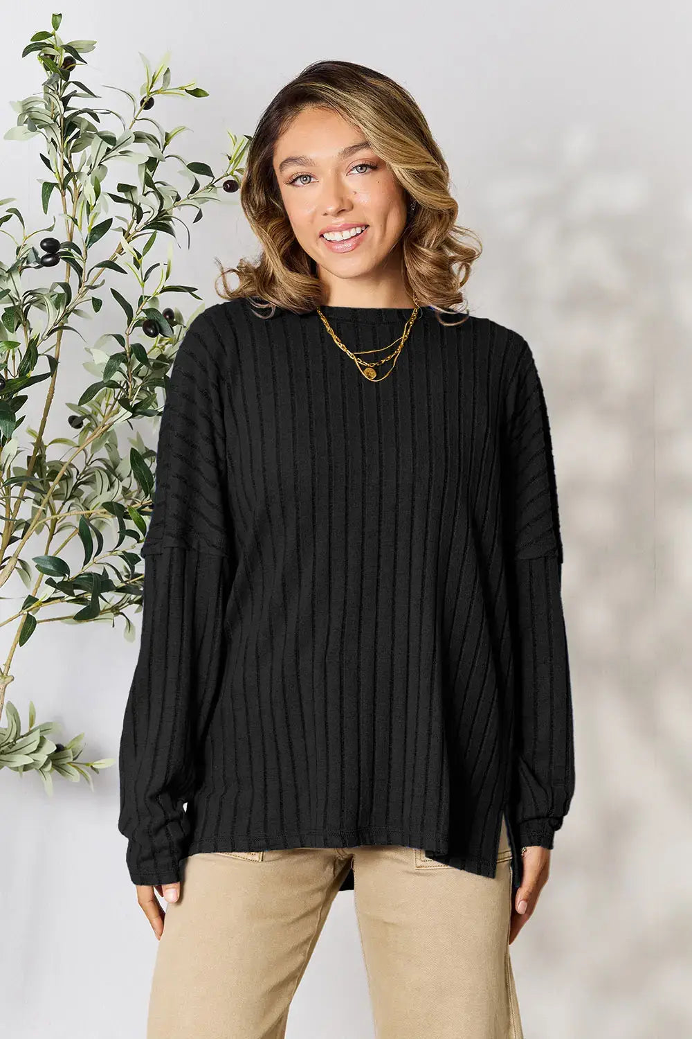 Basic Bae Full Size Ribbed Round Neck Slit Knit Top - ShopBasicbae - Flyclothing LLC